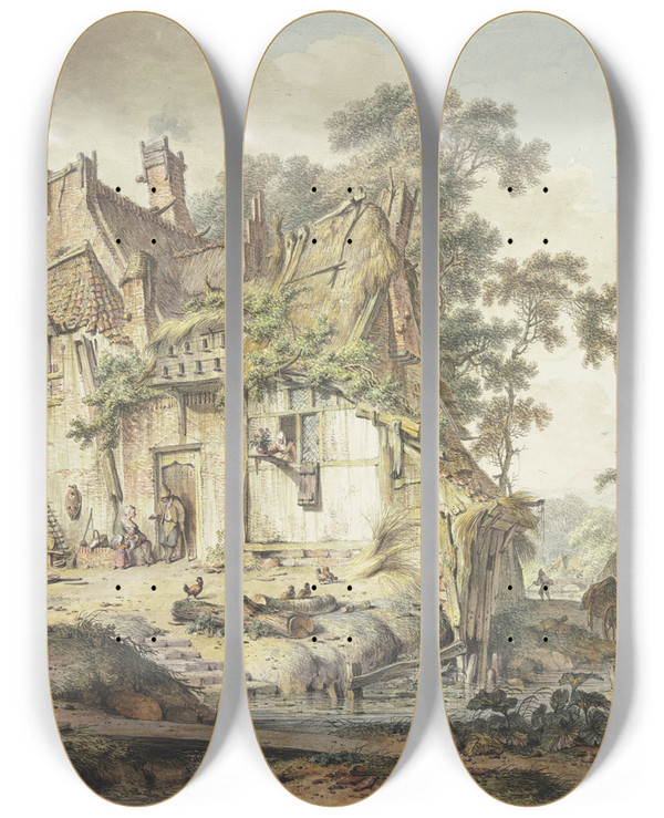 Triptych art skateboard deck of Hendrik Meyer Farmhouse By A Stream by Hendrik Meyer (1744-1793)