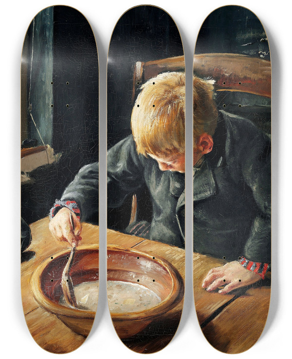 Triptych art skateboard deck of Laurits Andersen Ring En Dreng Og En Pige Ved Middagsmaden by Laurits Andersen Ring (1854-1933)