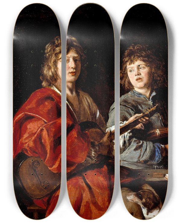 Triptych art skateboard deck of Antoine Le Nain Three Young Musicians by Antoine Le Nain (1600-1648)