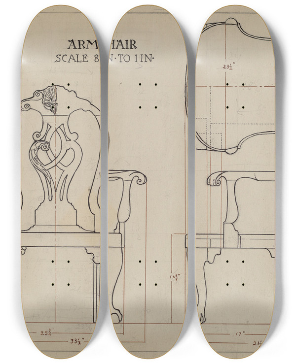 Triptych art skateboard deck of Elizabeth Curtis Arm Chair by Elizabeth Curtis