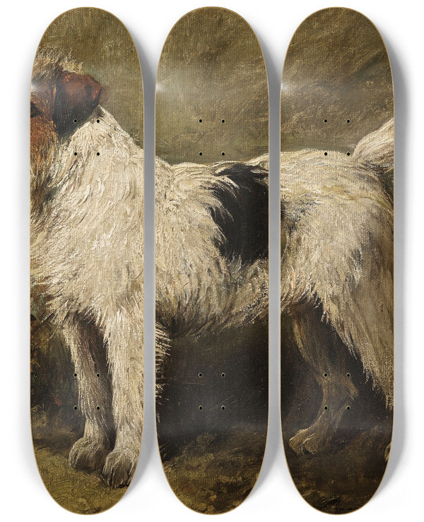 Triptych art skateboard deck of John Emms Terrier In A Garden by John Emms (1843-1912)