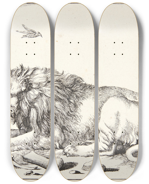 Triptych art skateboard deck of Marcus De Bye Liggende Lve by Marcus de Bye (1638-1688)