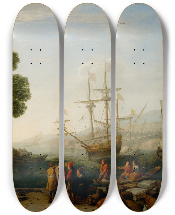 Triptych art skateboard deck of Claude Lorrain A Seaport At Sunset by Claude Lorrain (1604-1682)