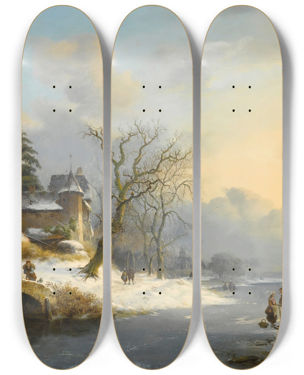Triptych art skateboard deck of Frederik Marinus Kruseman Winter Landscape With Strollers And Skaters by Frederik Marinus Kruseman (1816-1882)