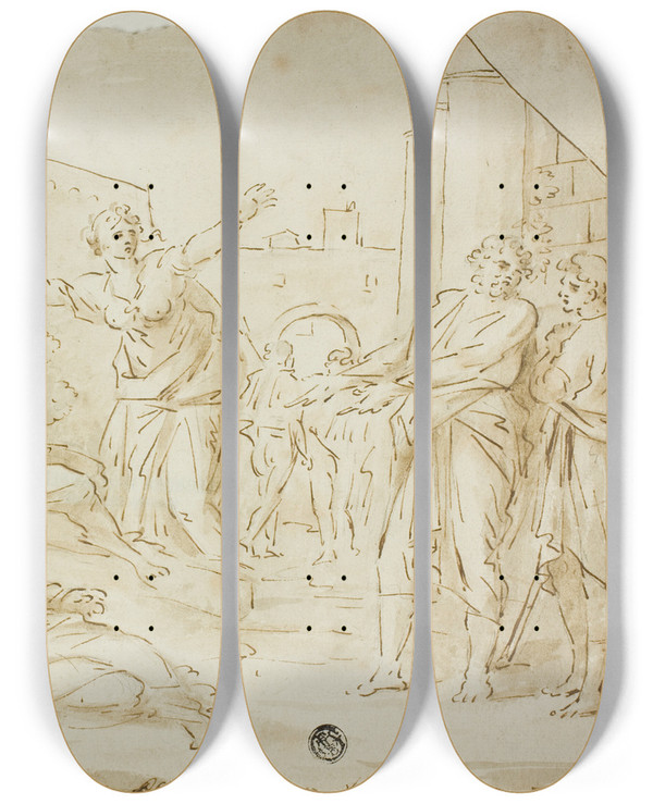 Triptych art skateboard deck of After Annibale Carracci Mourning Over The Body Of Saint Stephen by After Annibale Carracci (1560-1609)