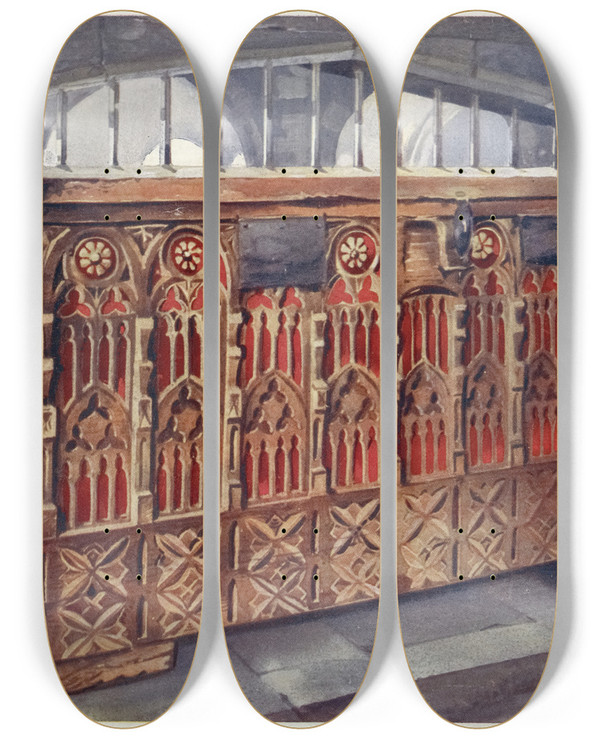 Triptych art skateboard deck of Edwin Foley Fourteenthcentury Buttressed Coffer by Edwin Foley (1859-1912)
