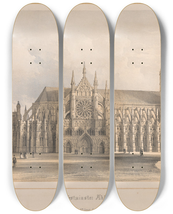 Triptych art skateboard deck of Edwin Thomas Dolby Westminster Abbey by Edwin Thomas Dolby