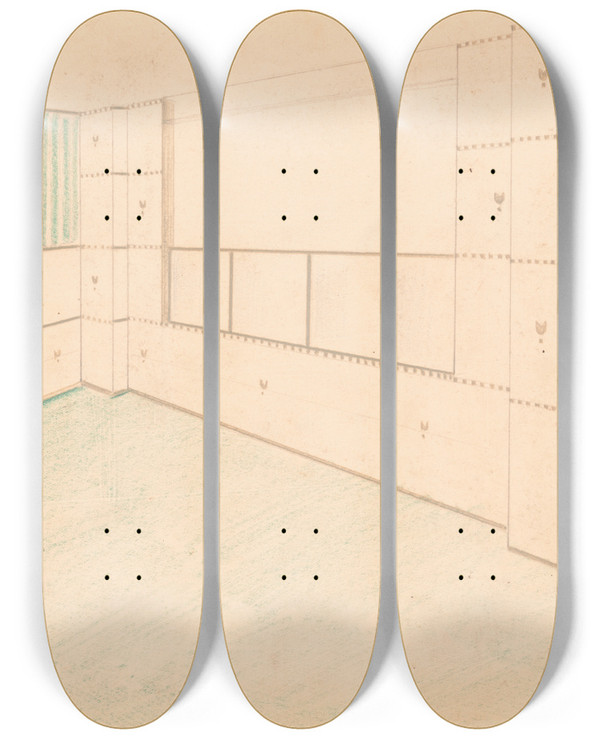 Triptych art skateboard deck of Winold Reiss Interior Design Drawings For Unidentified Rooms Sketch For Interior With Green Coloring And Floral Pattern On Wall by Winold Reiss (1886-1953)