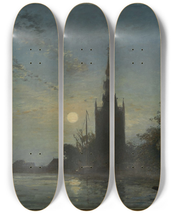 Triptych art skateboard deck of Johan Barthold Jongkind Leglise Doverschie by Johan Barthold Jongkind (1819-1891)
