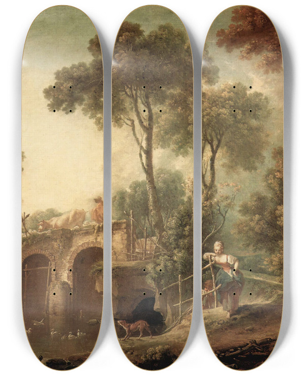 Triptych art skateboard deck of Franois Boucher The Bridge by Francois Boucher (1703-1770)