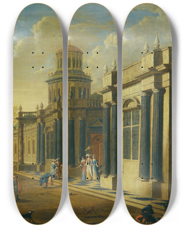 Triptych art skateboard deck of Jacob Peeters Elegant Figures In Oriental Costume By A Palace by Jacob Peeters (1637-1695)