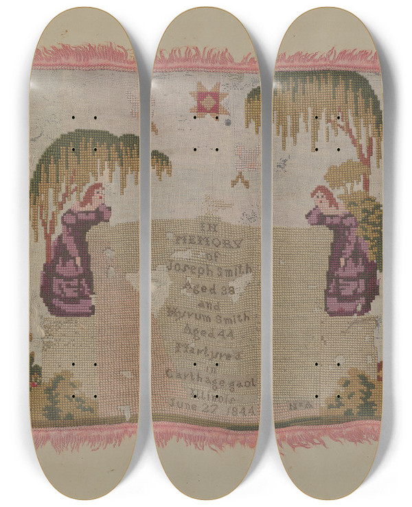 Triptych art skateboard deck of William Parkinson Mourning Embroidery by William Parkinson