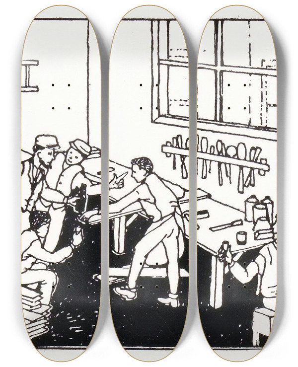 Triptych art skateboard deck of Julie De Graag Jongens Bij Een Werkbank by Julie de Graag (1877-1924)