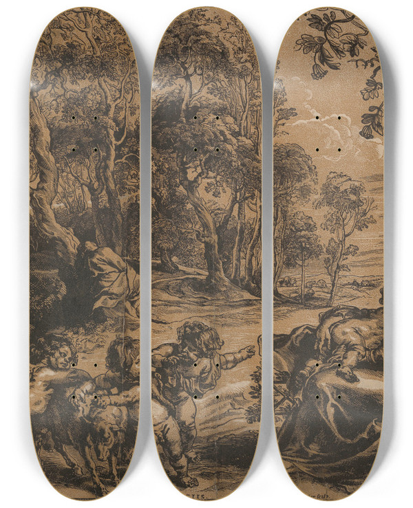 Triptych art skateboard deck of Peter Paul Rubens Rest On The Flight Into Egypt by Peter Paul Rubens (1577-1640)