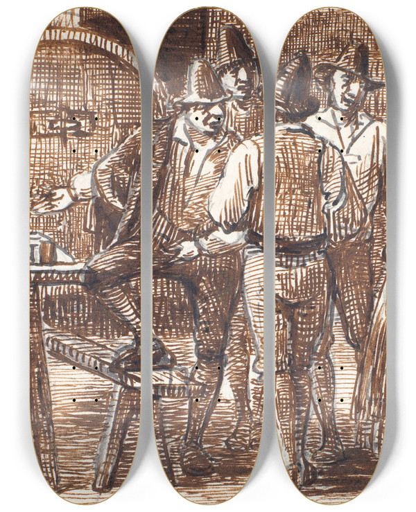 Triptych art skateboard deck of Wilhelm Marstrand Vinen Prves I Klderen by Wilhelm Marstrand (1810-1873)