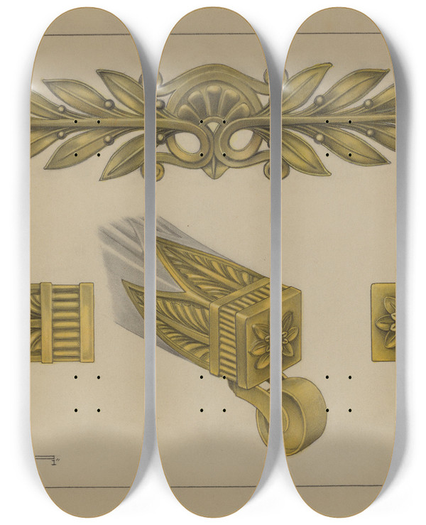 Triptych art skateboard deck of Philip Johnson Mount And Cup Caster by Philip Johnson