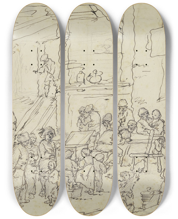 Triptych art skateboard deck of Johann Georg Trautmann Bauernunterhaltung In Einer Schenke Mit Einem Guckkastenmann by Johann Georg Trautmann (1713-1769)