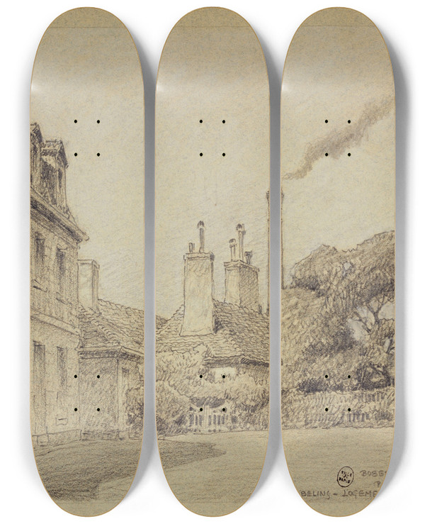 Triptych art skateboard deck of Ferdinand Boberg Logement Du Chef Adjoint Aux Gobelins by Ferdinand Boberg (1860-1946)