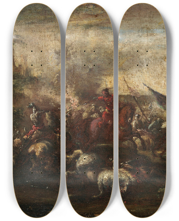 Triptych art skateboard deck of Francesco Graziani A Cavalry Battle Scene by Francesco Graziani (1680-1730)