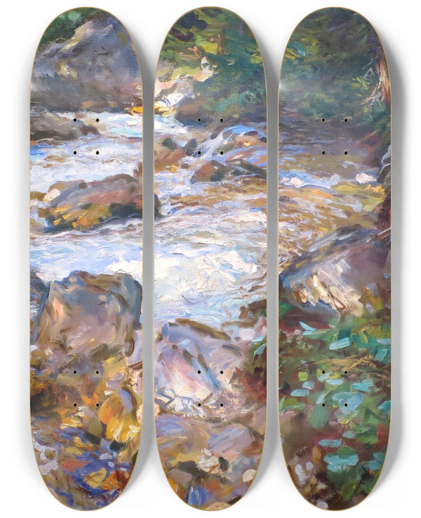Triptych art skateboard deck of John Singer Sargent Trout Stream In The Tyrol by John Singer Sargent (1856-1925)