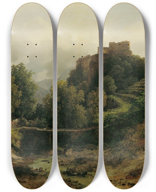 Triptych art skateboard deck of Thomas Ender Schloss Tirol Bei Meran by Thomas Ender (1793-1875)