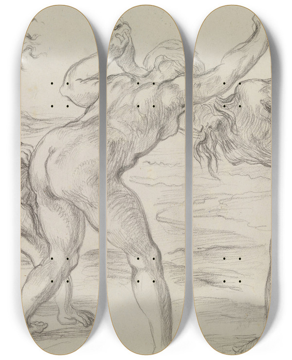 Triptych art skateboard deck of James Ensor Wrestling Spartan Girls by James Ensor (1860-1949)