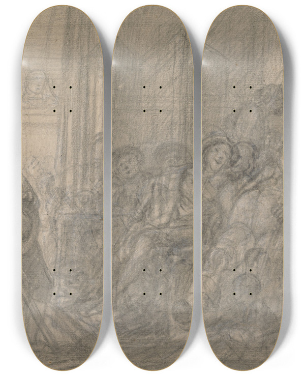 Triptych art skateboard deck of Francis Hayman Falstaff Inspecting The Recruits by Francis Hayman (1708-1776)