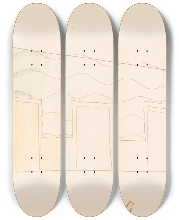 Triptych art skateboard deck of Winold Reiss Interior Design Drawings For Unidentified Rooms Sketch For Unidentified Interior Partially Colored Green And Yellow by Winold Reiss (1886-1953)
