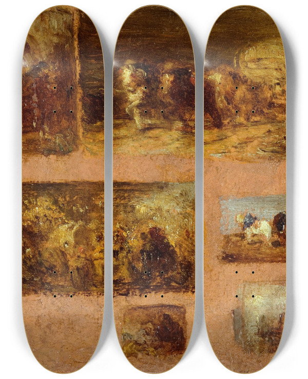 Triptych art skateboard deck of Flix Ziem Panneau De Six Tudes De Chariot by Felix Ziem (1821-1911)