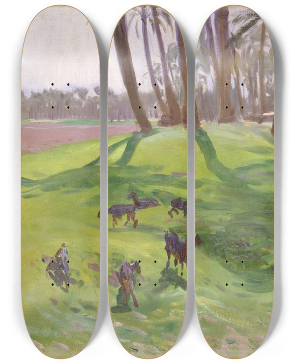 Triptych art skateboard deck of John Singer Sargent Landscape With Goatherd by John Singer Sargent (1856-1925)