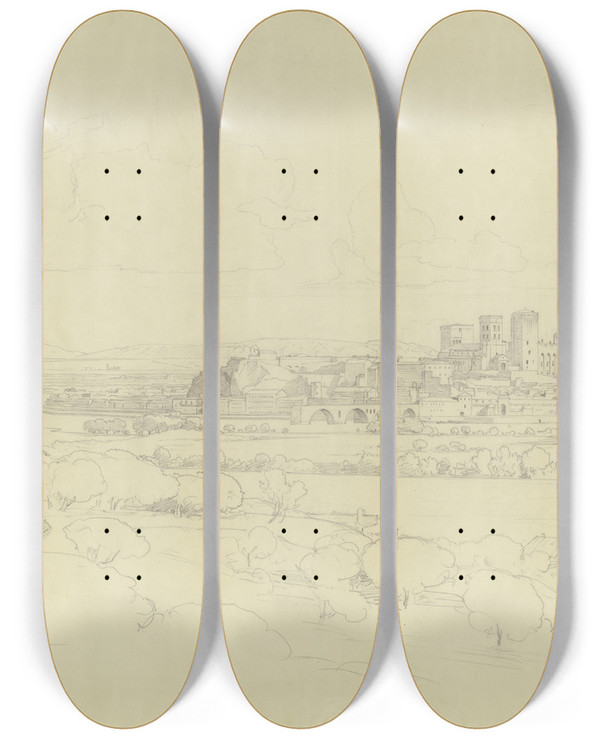 Triptych art skateboard deck of Johann Wilhelm Schirmer View From Avignon by Johann Wilhelm Schirmer (1807-1863)