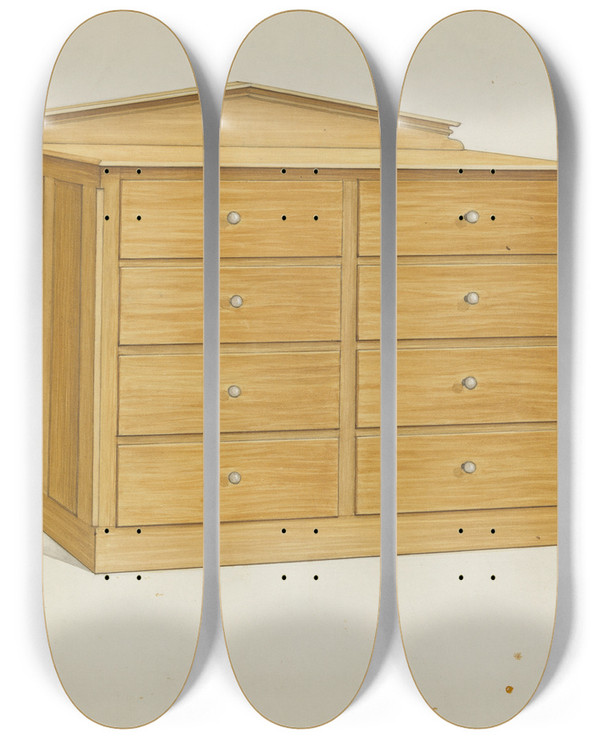 Triptych art skateboard deck of Ray Holden Shaker Chest Of Drawers by Ray Holden