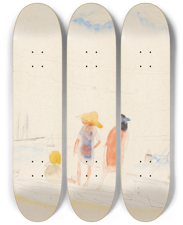Triptych art skateboard deck of Charles Demuth Two Women And Child On Beach by Charles Demuth (1883-1935)