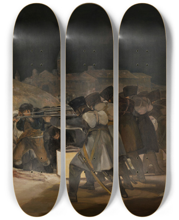 Triptych art skateboard deck of Francisco De Goya The Third Of May 1808 by Francisco de Goya (1746-1828)