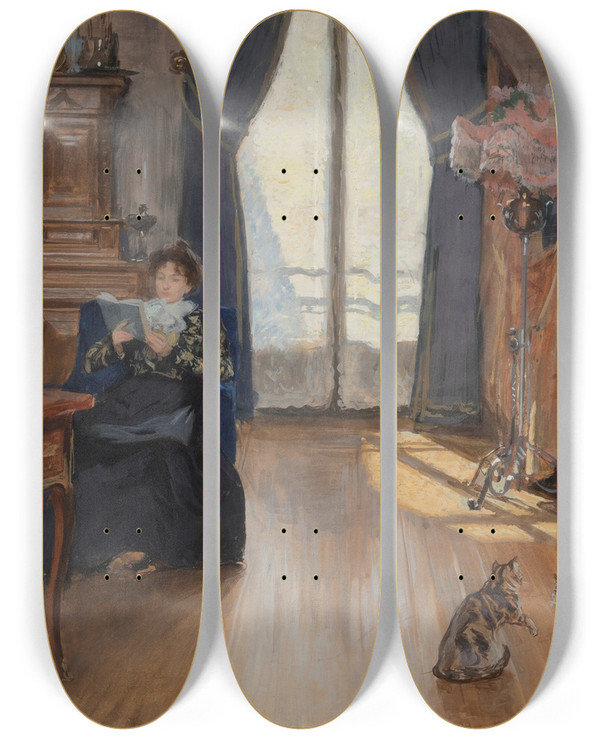 Triptych art skateboard deck of Victor Gabriel Gilbert Morning Light by Victor Gabriel Gilbert (1847-1933)