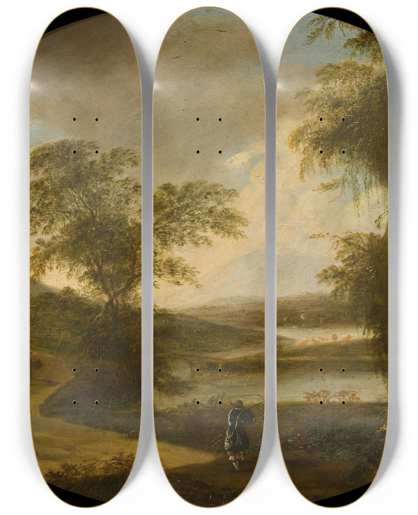 Triptych art skateboard deck of Ottomar Hackius Italian Landscape With Hunters by Ottomar Hackius (1670)