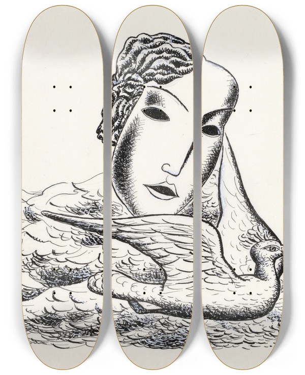Triptych art skateboard deck of Leo Gestel Vrouwenkop Met Vogel Schets_1 by Leo Gestel (1881-1941)