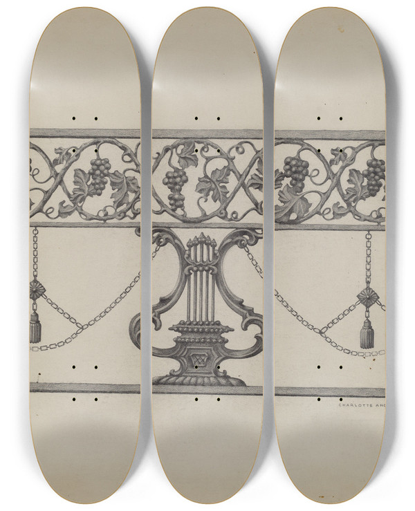Triptych art skateboard deck of Charlotte Angus Cast Iron Fencing by Charlotte Angus (1911-1989)
