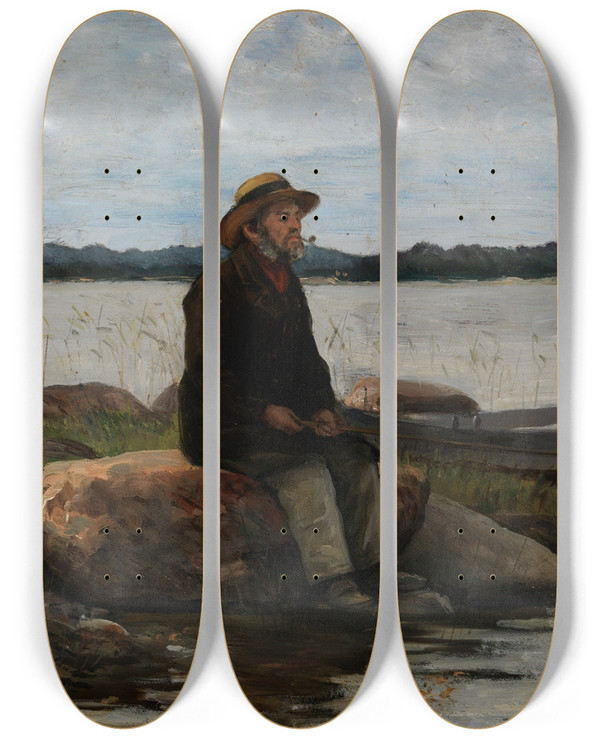 Triptych art skateboard deck of Adolf Von Becker An Angler by Adolf Von Becker (1831-1909)