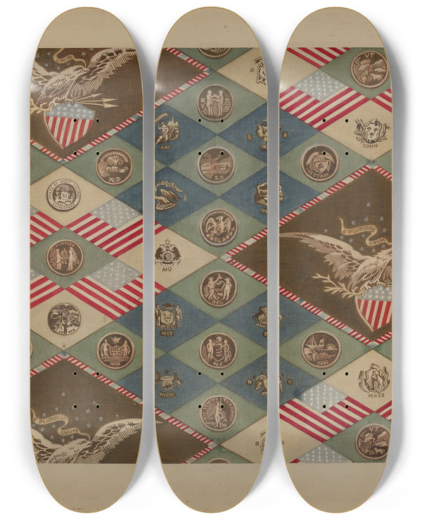 Triptych art skateboard deck of Angelo Bulone Textile State Emblems by Angelo Bulone