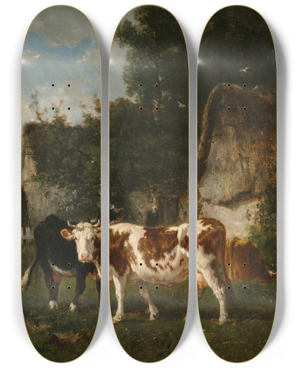 Triptych art skateboard deck of Mile Van Marcke The Mill by mile van Marcke (1827-1890)