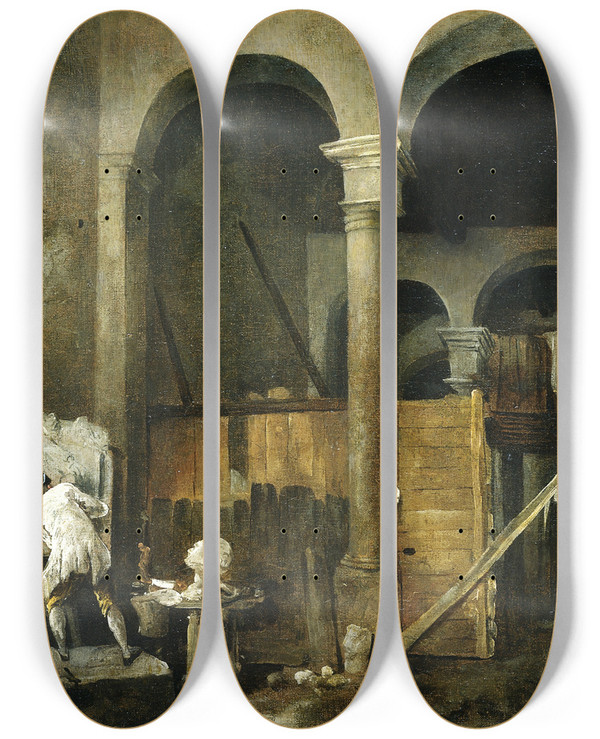 Triptych art skateboard deck of Hubert Robert The Artists Studio by Hubert Robert (1733-1808)