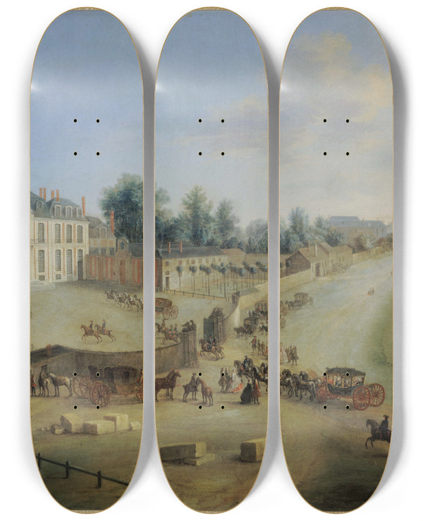 Triptych art skateboard deck of Charleslopold Grevenbroeck Vue Du Chteau De La Muette Avec Larrive Du Roi by Charles-Lopold Grevenbroeck (1731-1799)