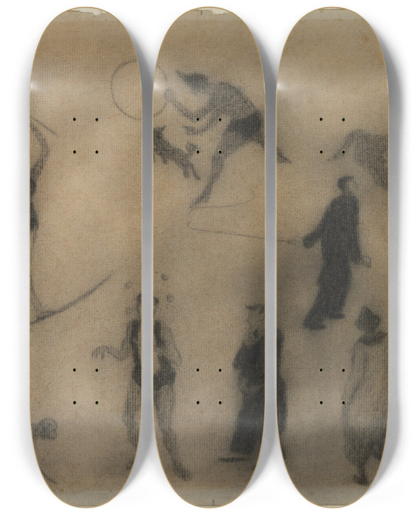 Triptych art skateboard deck of Henrigabriel Ibels The Circus by Henri-Gabriel Ibels (1867-1936)