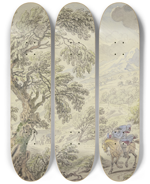Triptych art skateboard deck of Dirk Maas Landschaft Im Sturm Und Regen by Dirk Maas (1659-1717)