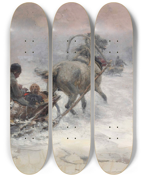Triptych art skateboard deck of Alfred Von Wieruszkowalski Sleight Ride by Alfred Von Wierusz-Kowalski (1849-1915)