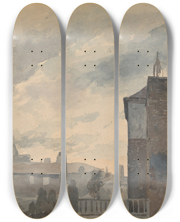 Triptych art skateboard deck of Thomas Sully City Scene With Buildings by Thomas Sully (1783-1872)