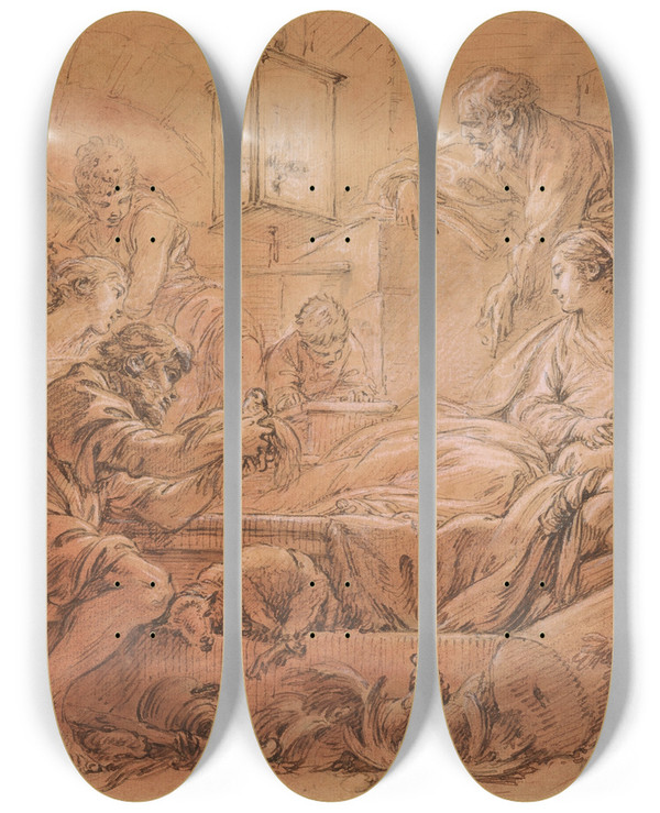 Triptych art skateboard deck of Franois Boucher The Nativity by Francois Boucher (1703-1770)