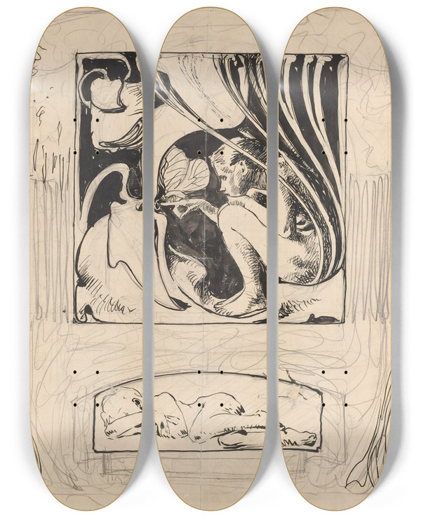 Triptych art skateboard deck of Koloman Moser Allegory Of Summer by Koloman Moser (1868-1918)
