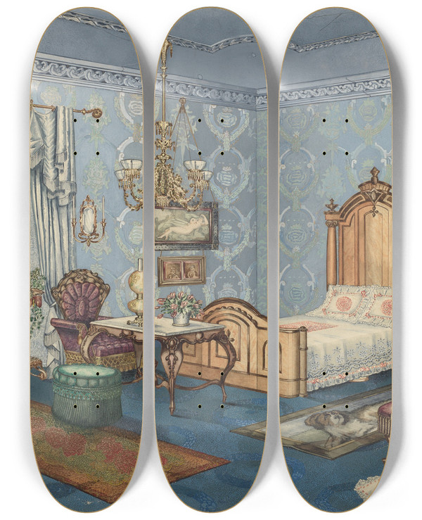 Triptych art skateboard deck of Perkins Harnly Bedroom 1882_2 by Perkins Harnly (1901-1986)